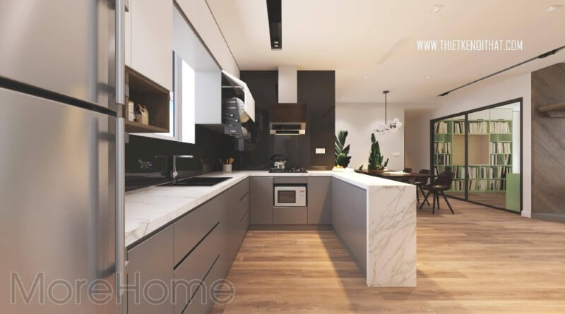 Nội thất phòng bếp chung cư hiện đại với các thiết bị nội thất bếp tiên nghi , đa năng đáp ứng như cầu caủa người nội trợ Thiết kế chung cư