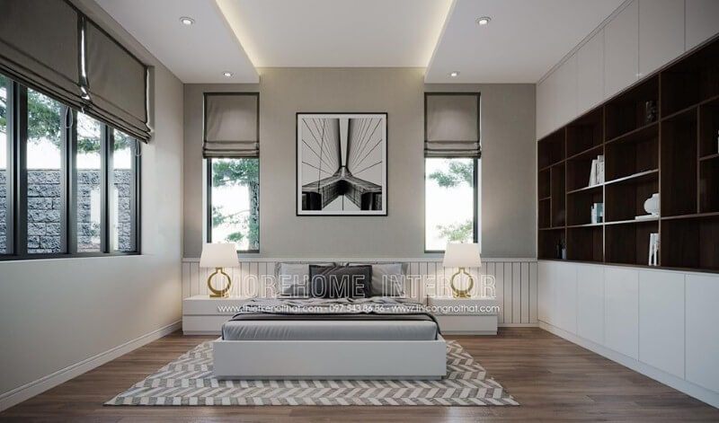 Thiết kế nội thất phòng ngủ hiện đại đẹp sang trọng nổi bật với sắc trắng tinh tế.