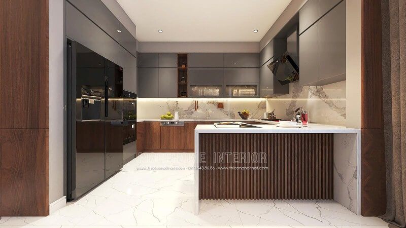 Sắp xếp nội thất phòng bếp đẹp từ gỗ An Cường cao cấp kết hợp cùng đá ốp bếp sang trọng.