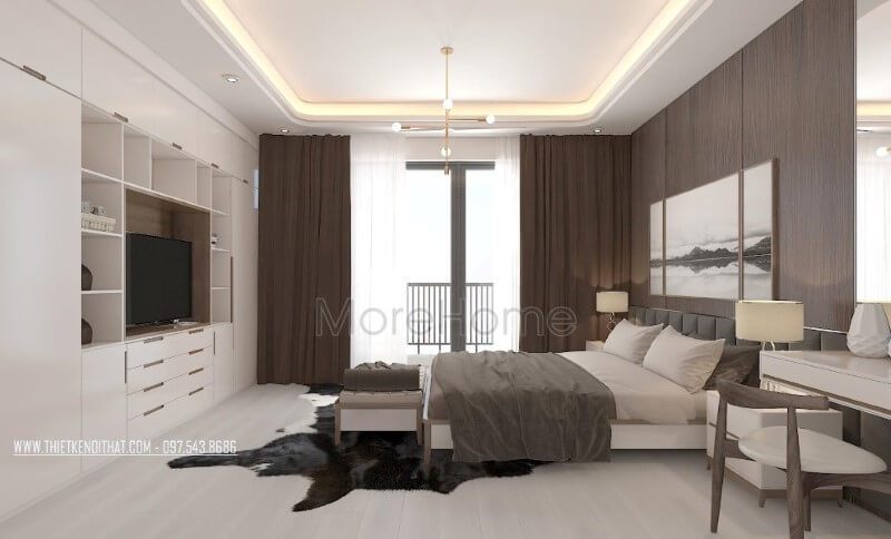 Trang trí nội thất phòng ngủ master hiện đại đẹp và thông thoáng với cửa kính chiếm trọn mảng tường để bạn có thể tận hưởng cảm giác tuyệt vời từ thiên nhiên.