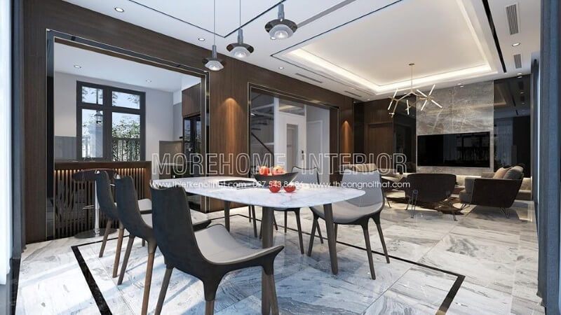 Bộ bàn ăn 6 người với mẫu ghế hiện đại, mới lạ được đặt bên cạnh của sổ bằng kính tạo sự sang chảnh và lãng mạn cho bữa cơm gia đình