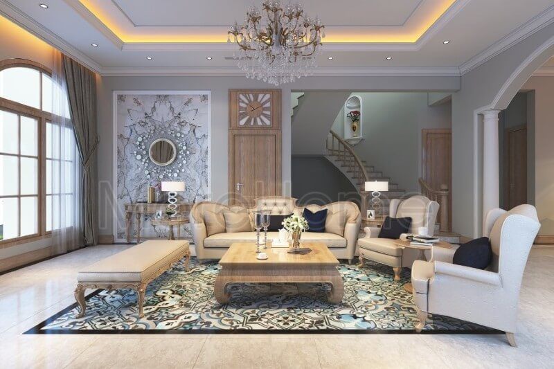 Mẫu sofa gỗ tự nhiên nhập khẩu bọc da cao cấp mang lại vẻ đẹp cân bằng, hài hòa cho cả không gian phòng khách của gia chủ