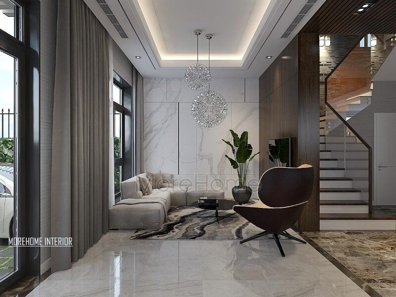 Tại Xuân Phương, Hà Nội, nội thất phòng khách biệt thự được trang trí đẹp.